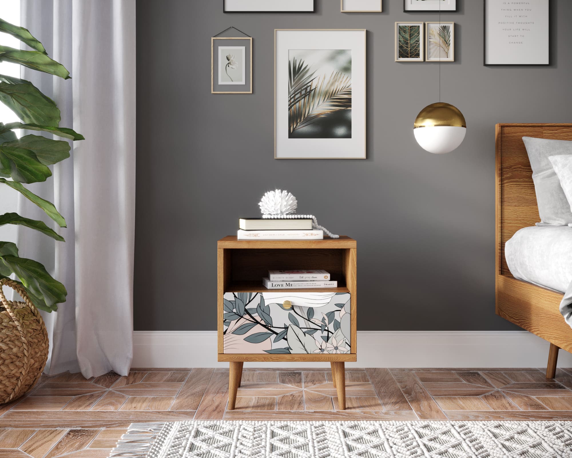 Тумбочка "Berber" с одним ящиком 50 принт арт BB06/Print_50, разноцветная в интерьере