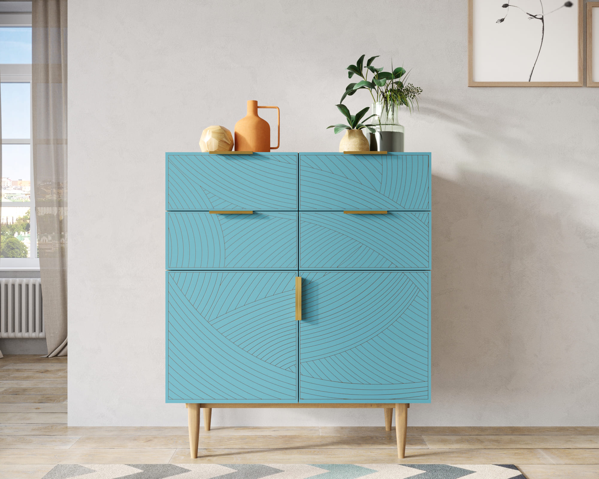 Большой комод с четырьмя ящиками и дверками "Line" LN17/GR1/blue в интернет-магазине в Москве Большой комод с четырьмя ящиками и дверками "Line" LN17/GR1/blue в интернет-магазине