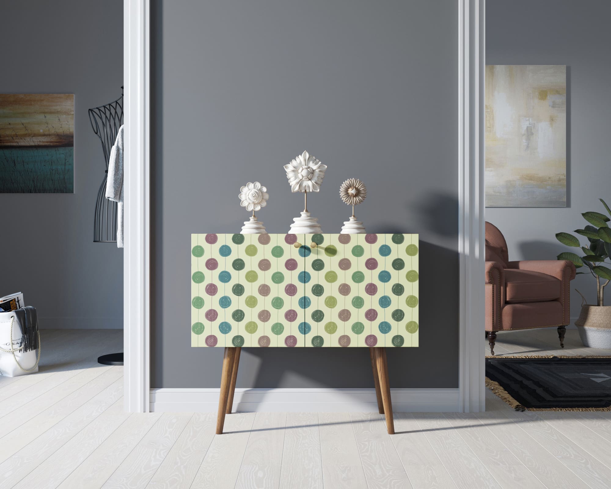 Комод на высоких ножках "Berber" малый принт 24 арт BB13/Print_24 в интерьере в Москве Комод на высоких ножках "Berber" малый принт 24 арт BB13/Print_24 в интерьере