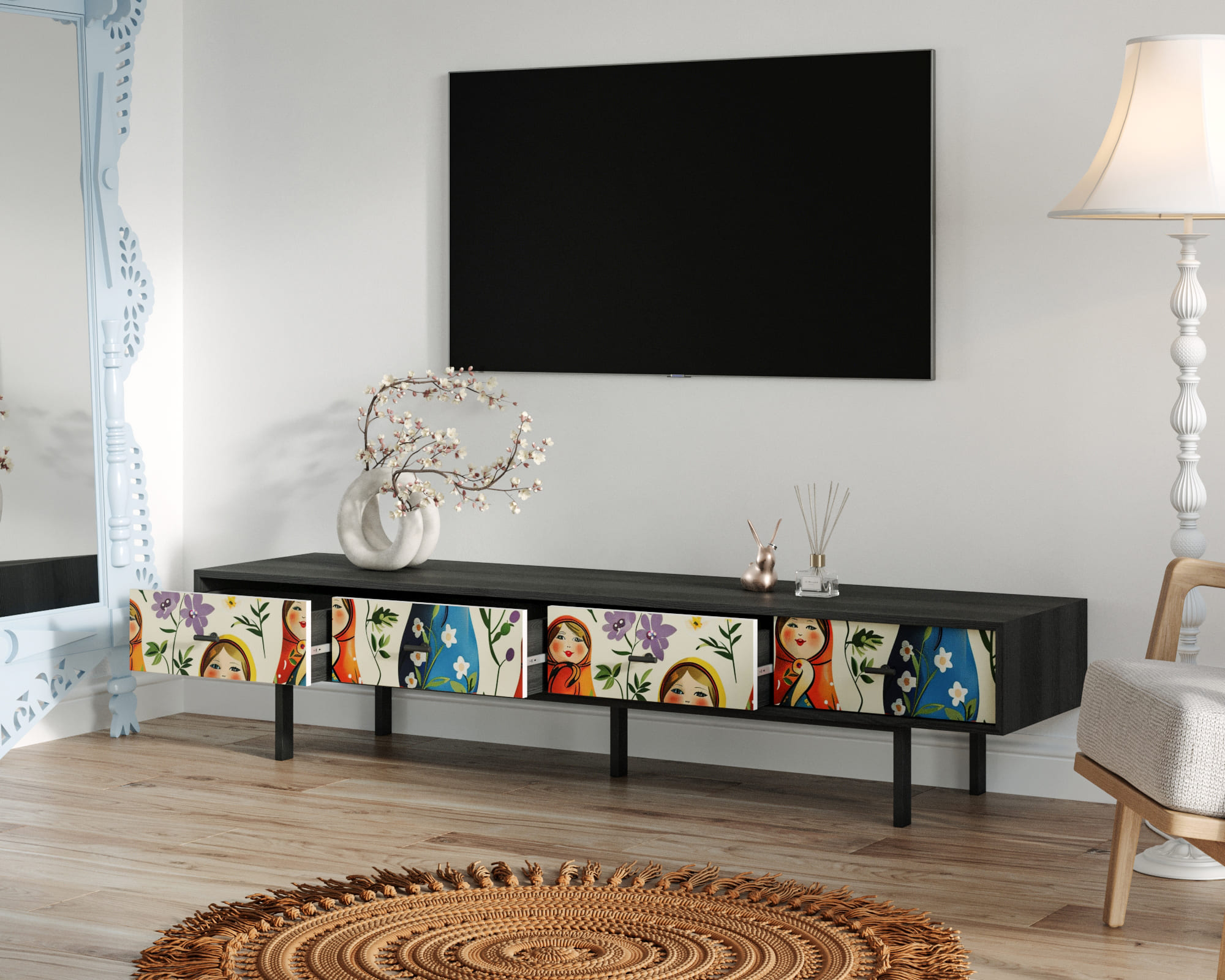 купить Комод с четырьмя ящиками под TV "Emerson" Матрешки арт EM06/Art04 в Москве купить Комод с четырьмя ящиками под TV "Emerson" Матрешки арт EM06/Art04