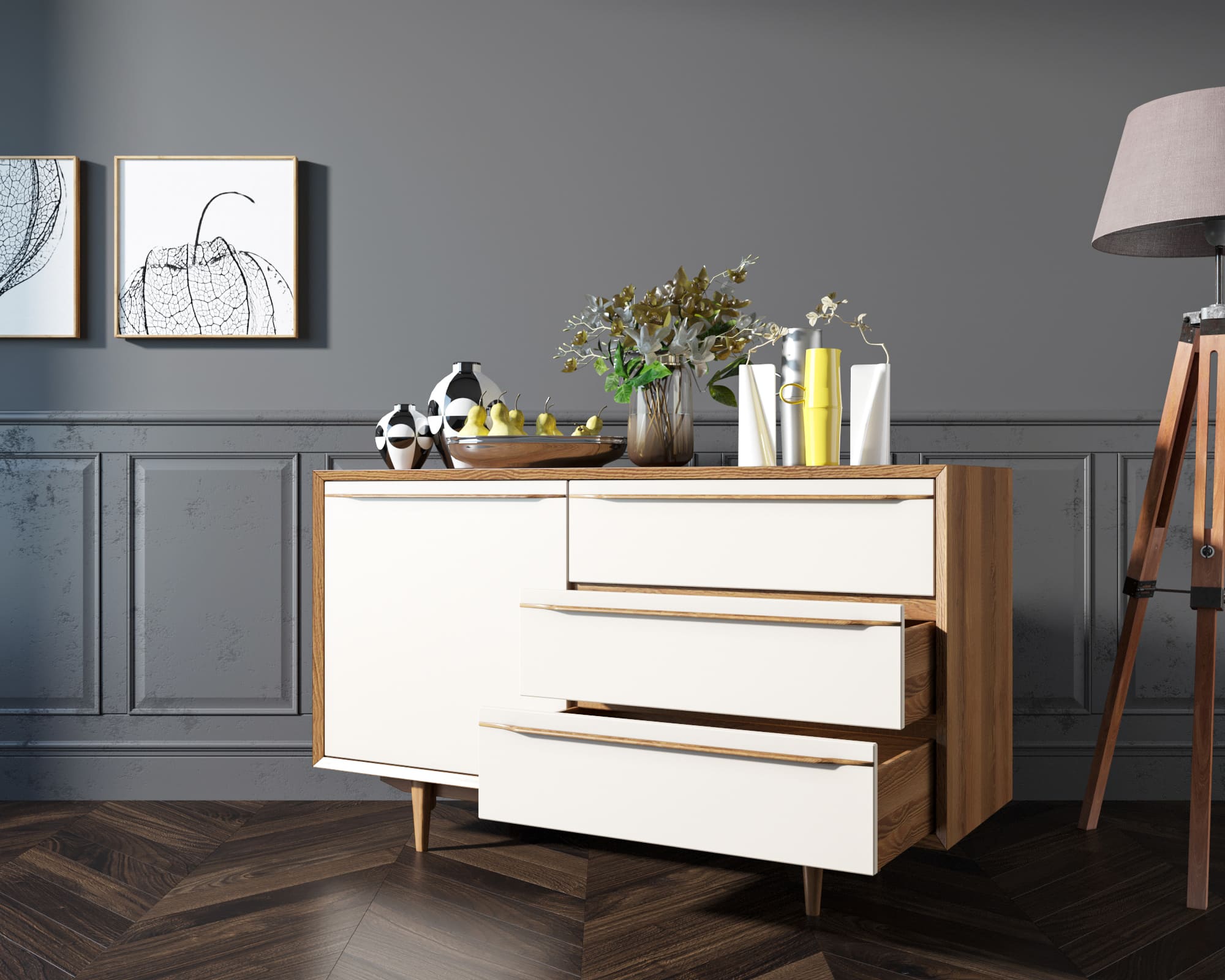 купить Комод "Bruni white" с ящиками и дверкой арт BR-02WH в Москве купить Комод "Bruni white" с ящиками и дверкой арт BR-02WH