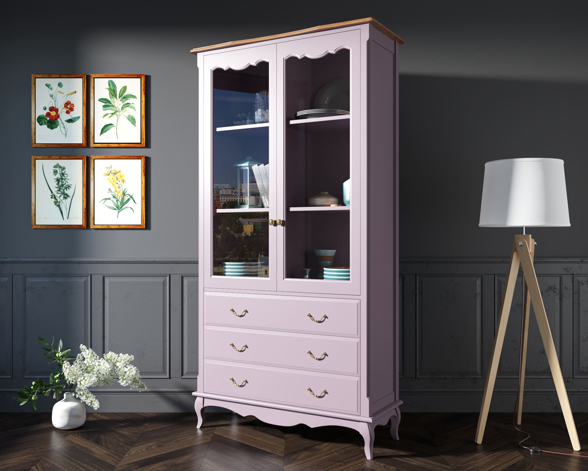 фото Шкаф "Leontina Lavanda" для посуды высокий 3 ящика арт ST9355/3L