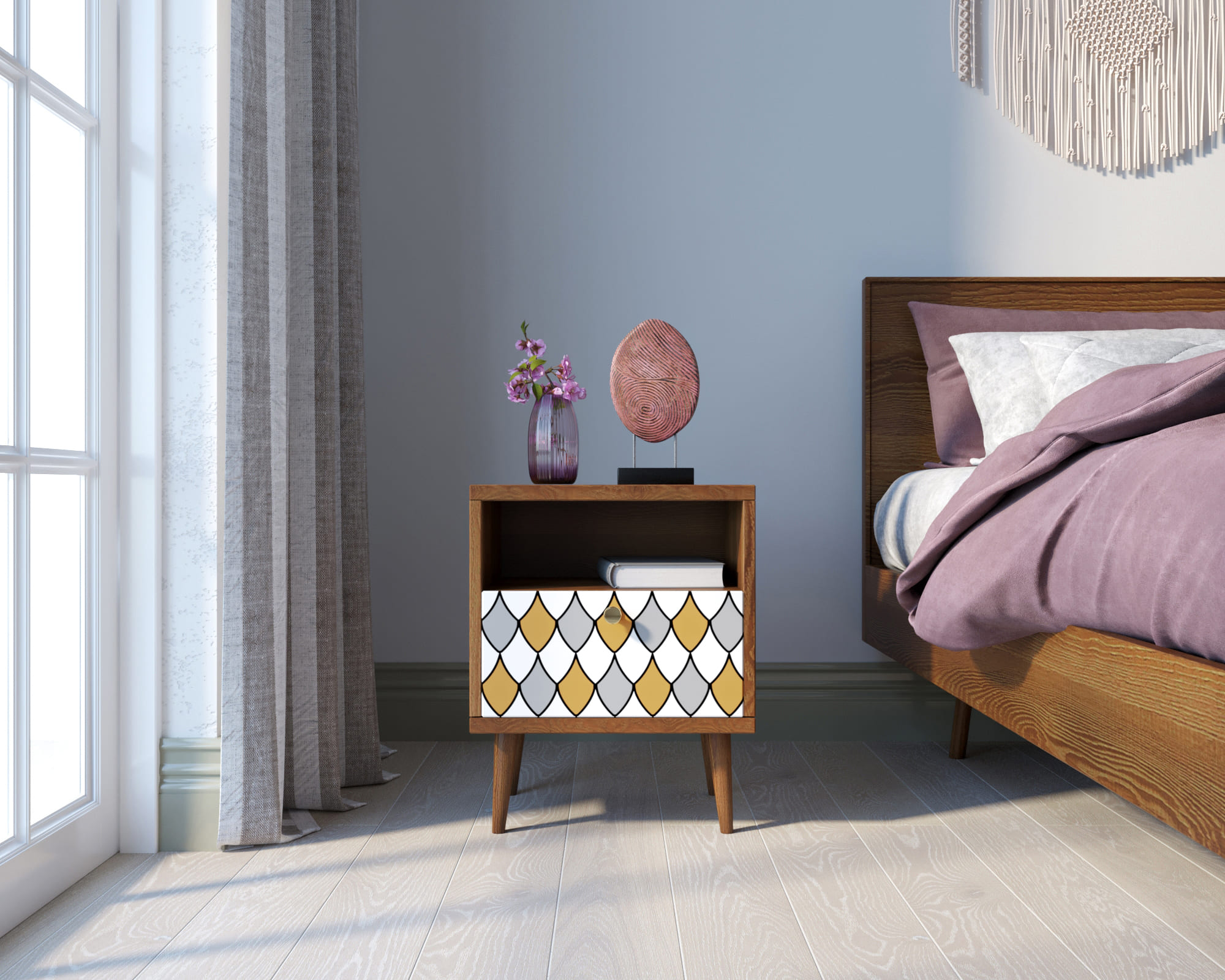 Тумбочка "Berber" с одним ящиком 22 принт арт BB06/Print_22, разноцветная в интерьере