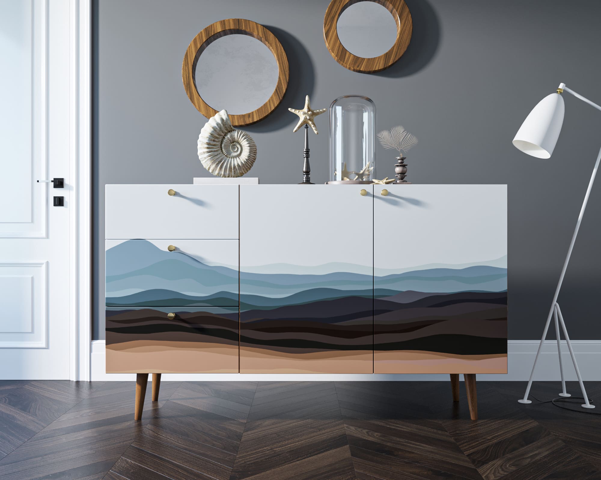 Комод "Berber" с двумя дверками и ящиками принт 11 арт BB17/Print_11 в интерьере