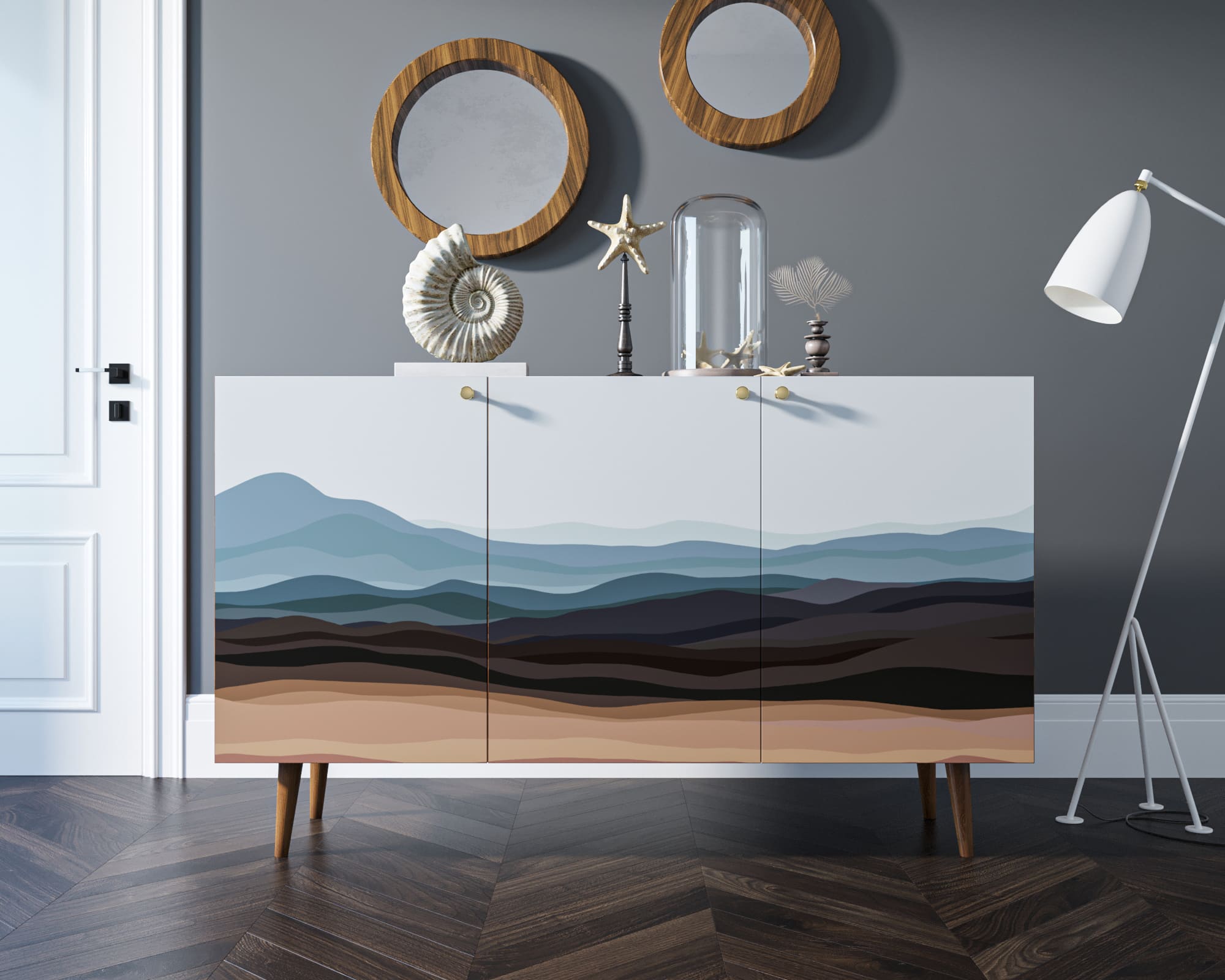 Комод "Berber" три дверки 11 принт арт BB01/Print_11 в интерьере