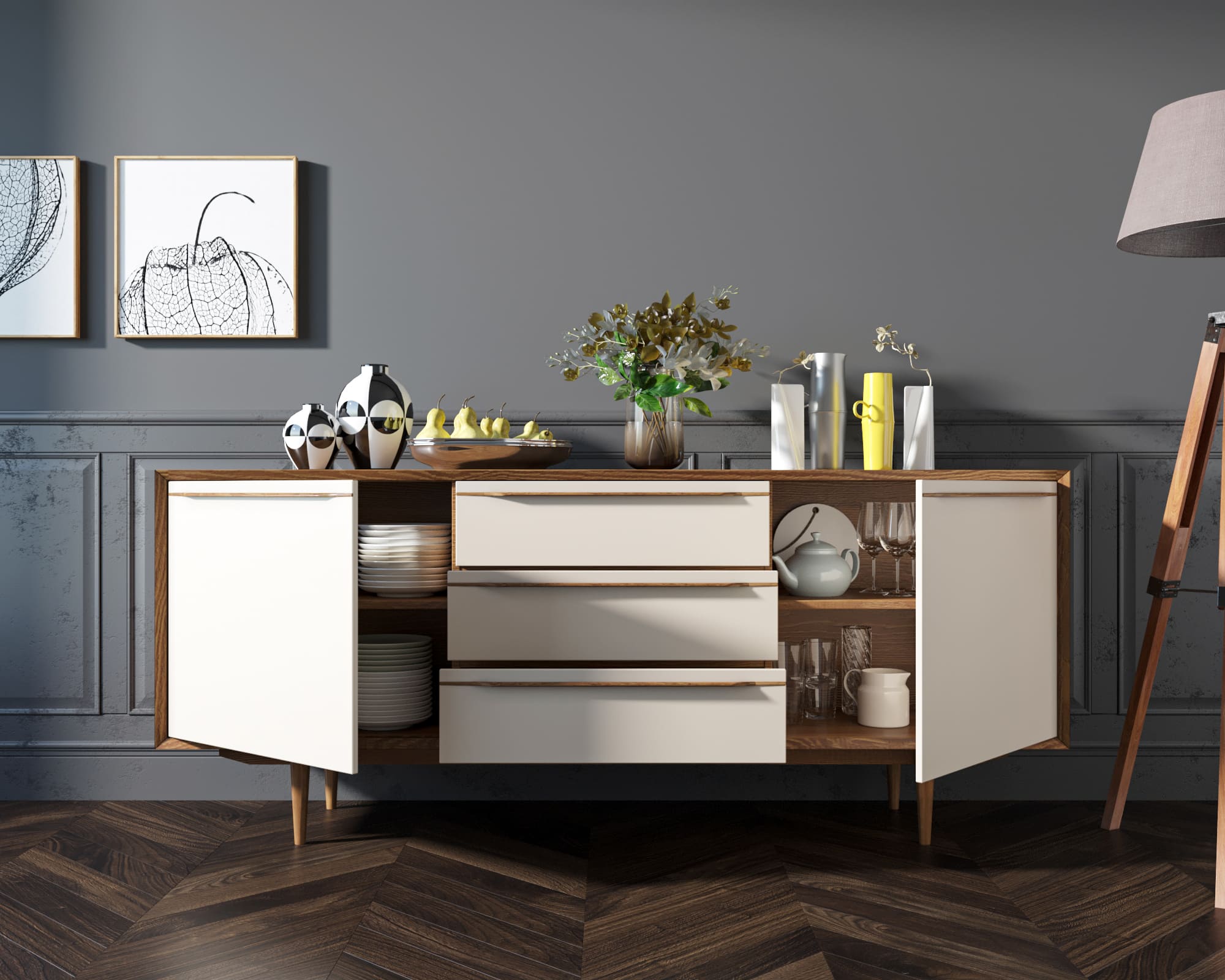 купить Комод "Bruni white" с тремя ящиками и дверками арт BR-03WH