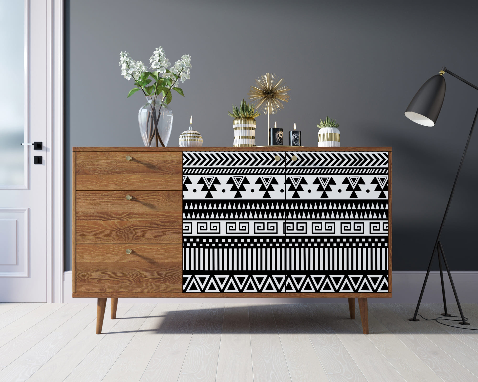 Комод "Berber" с двумя дверками и ящиками 19 принт арт BB05/Print_19 в интерьере