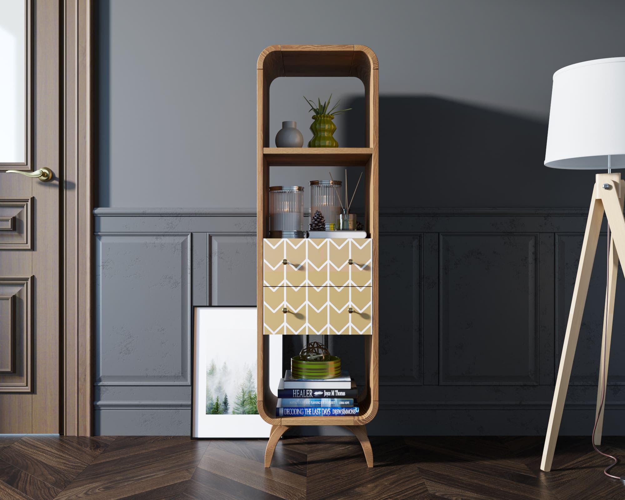 Стеллаж "Ellipse print" узкий с ящиками принт 1 арт EL17/print_01 в интернет-магазине