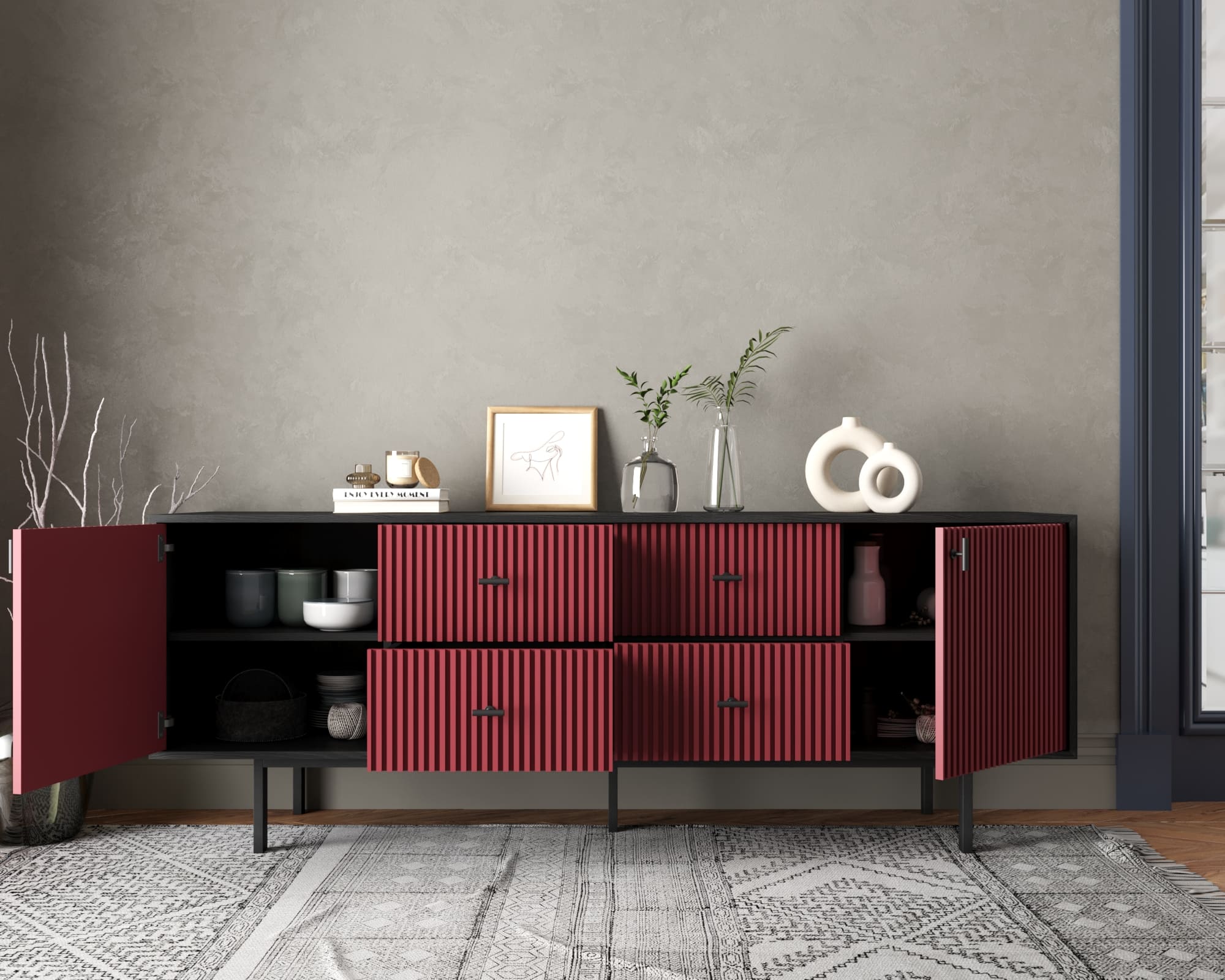 купить Комод две дверки и четыре ящика "Emerson" арт EM19/red/L в Москве купить Комод две дверки и четыре ящика "Emerson" арт EM19/red/L