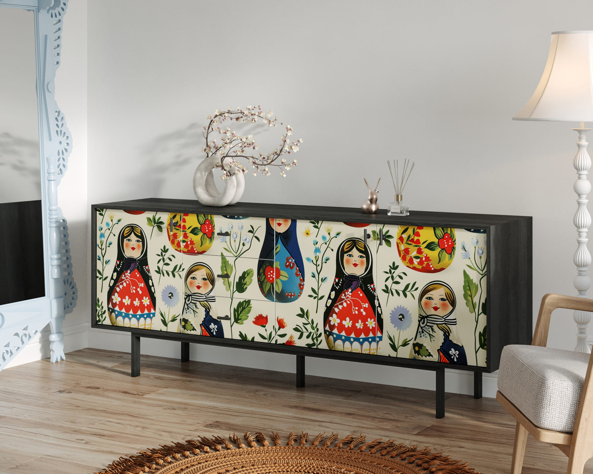 заказать Комод с тремя дверками и тремя ящиками "Emerson" Матрешки арт EM07/Art04 в Москве заказать Комод с тремя дверками и тремя ящиками "Emerson" Матрешки арт EM07/Art04