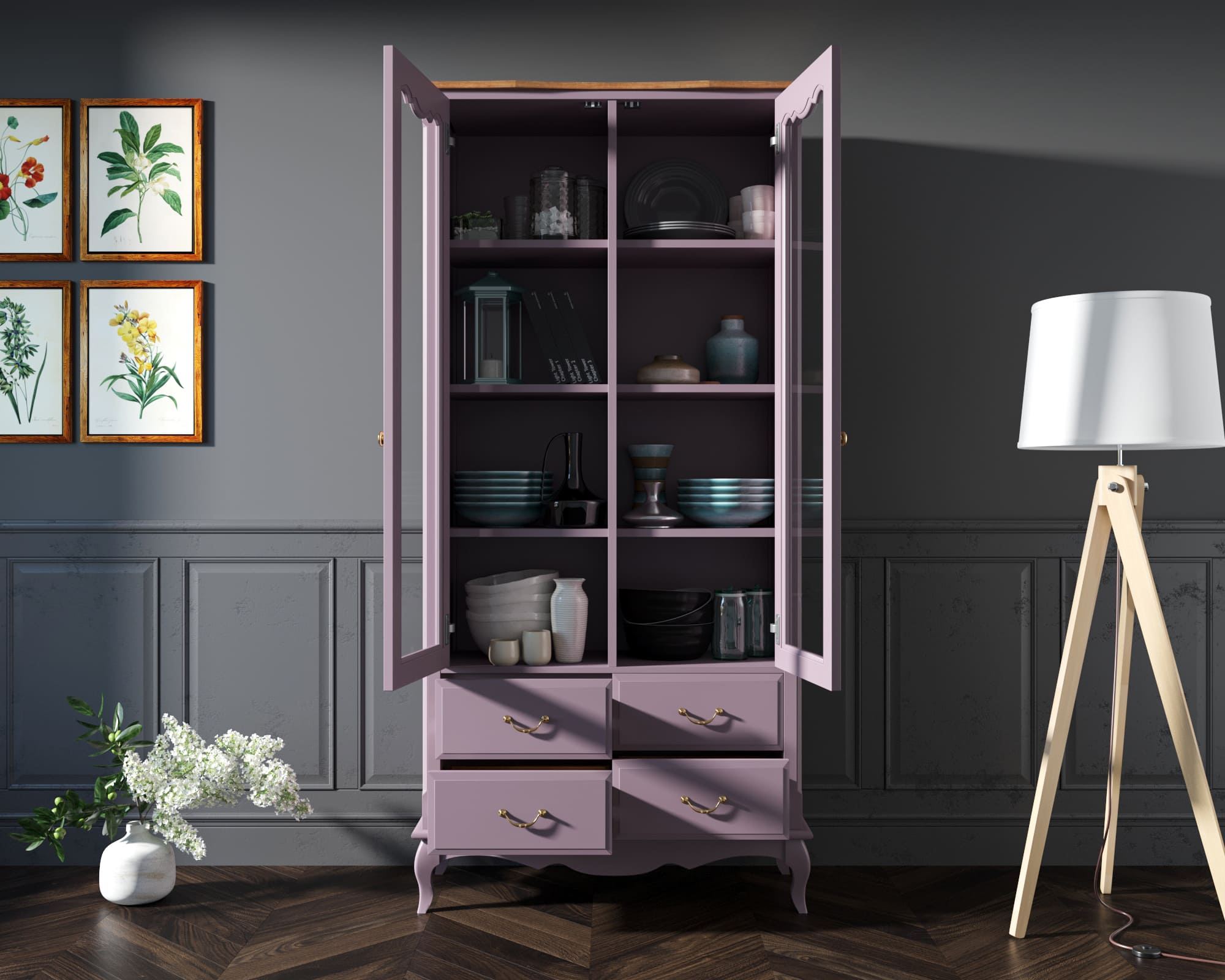 купить Шкаф Leontina Lavanda для посуды высокий 4 ящика  арт ST9355/4L