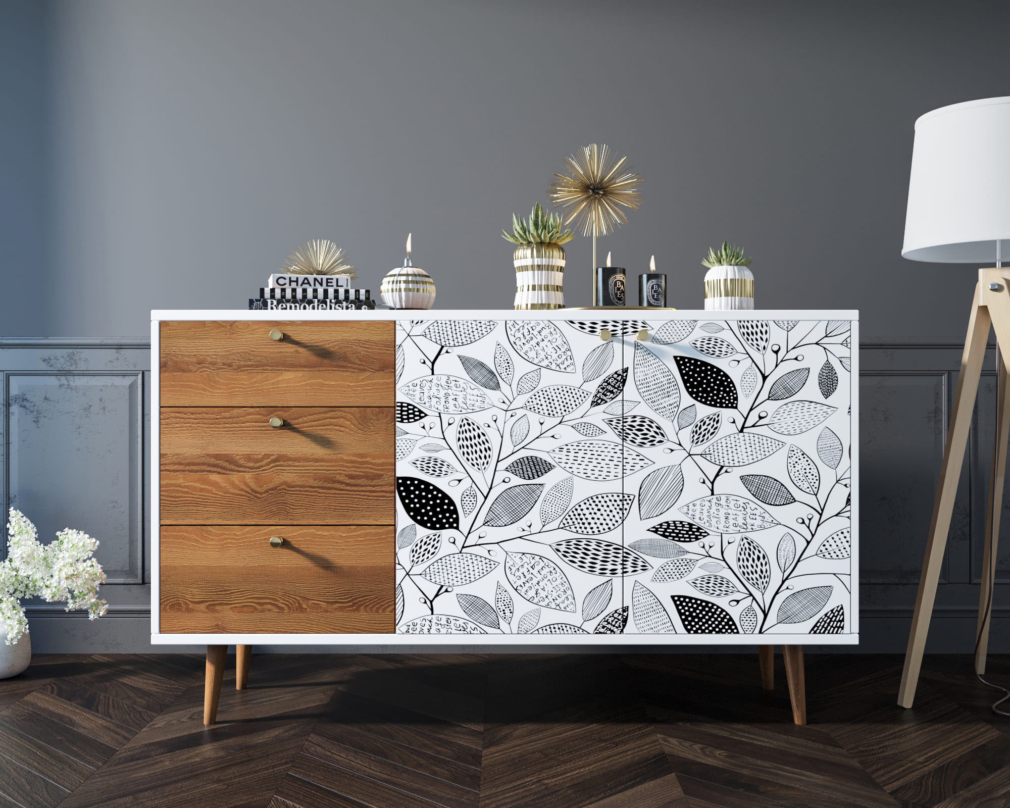 Комод "Berber" с двумя дверками и ящиками 9 принт арт BB05/Print_09 в интерьере