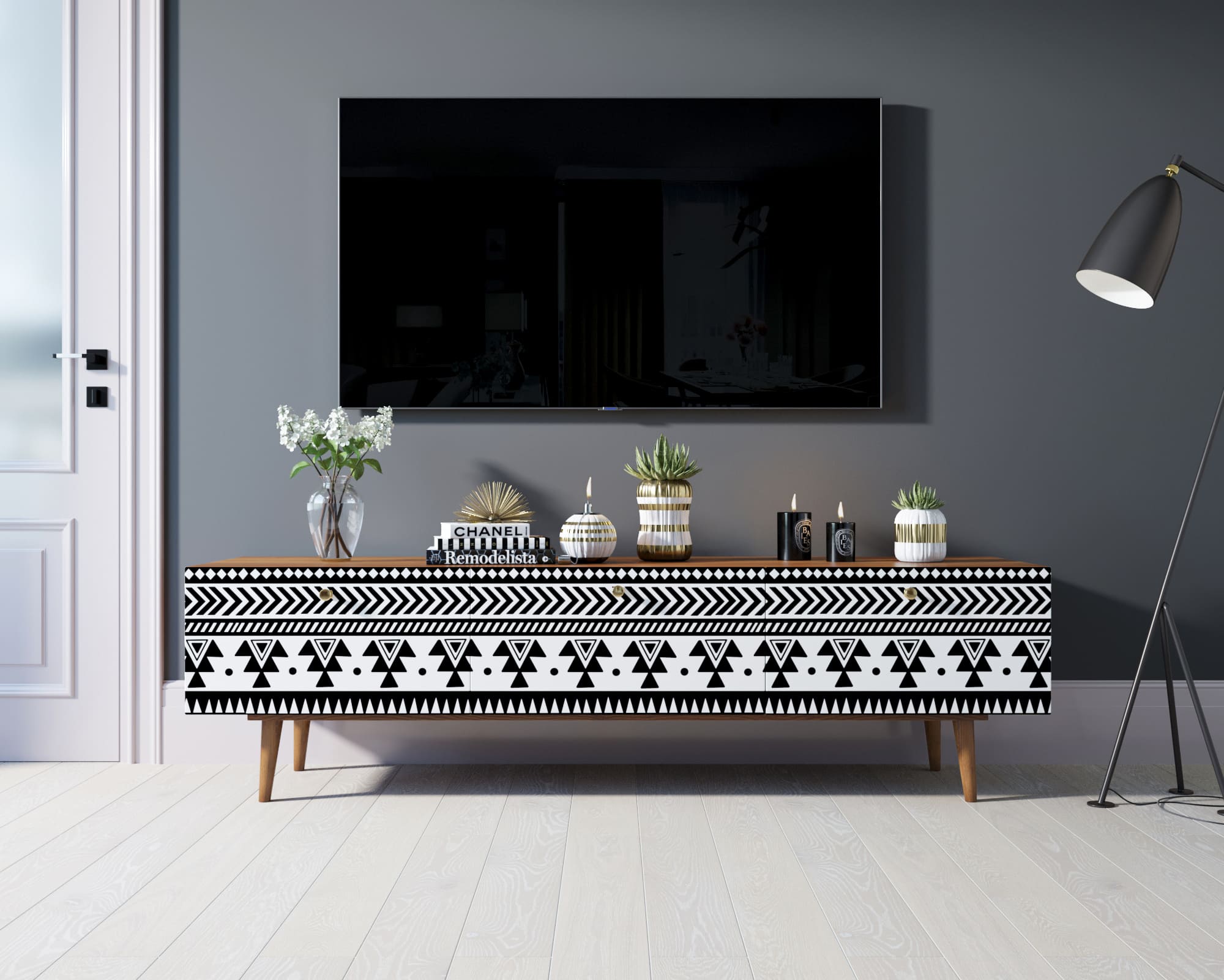 Комод "Berber" с ящиками низкий под TV принт 19 арт BB19/Print_19 в интерьере