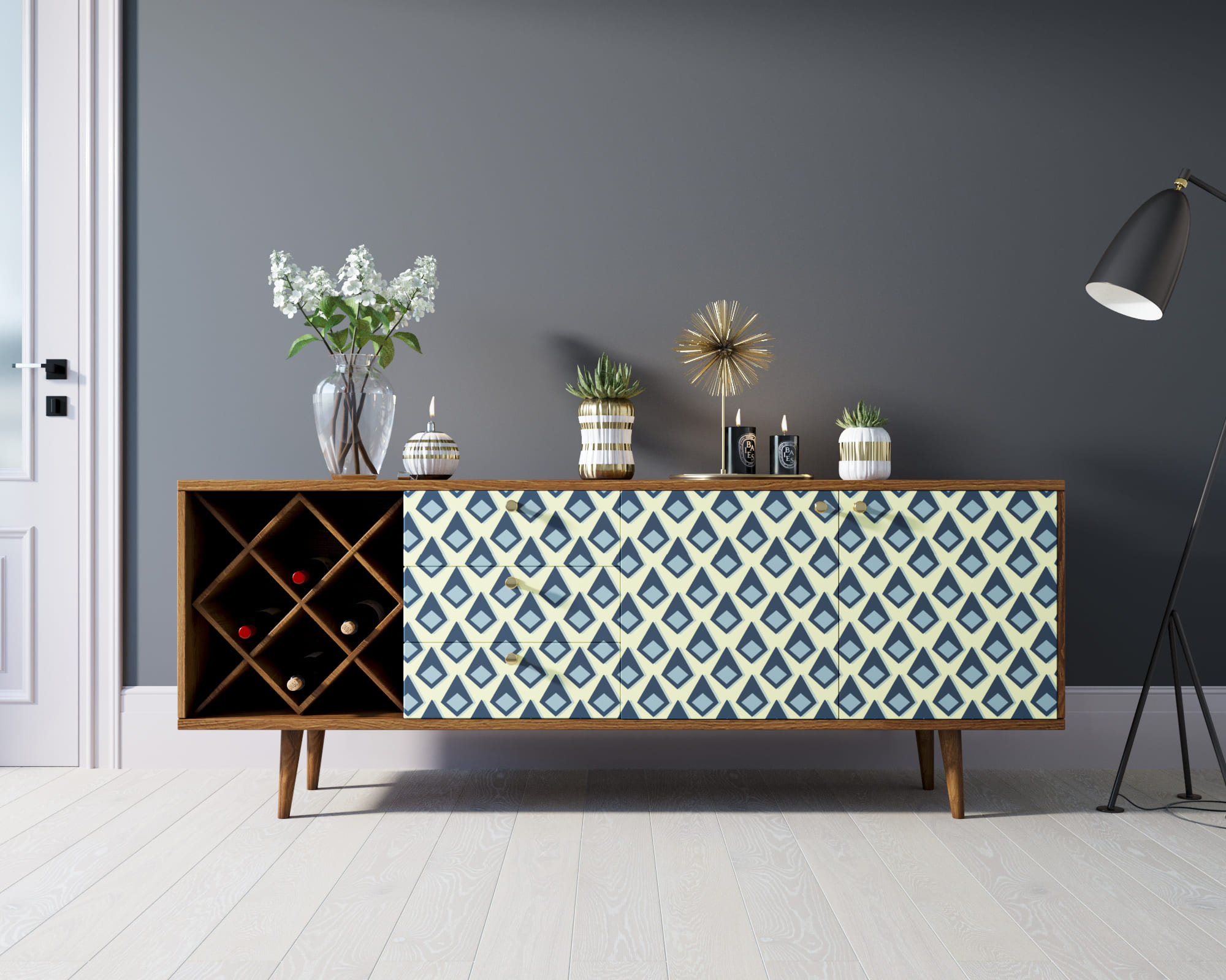 Комод "Berber" удлиненный с бутылочницей 13 принт арт BB15/Print_13 в интерьере