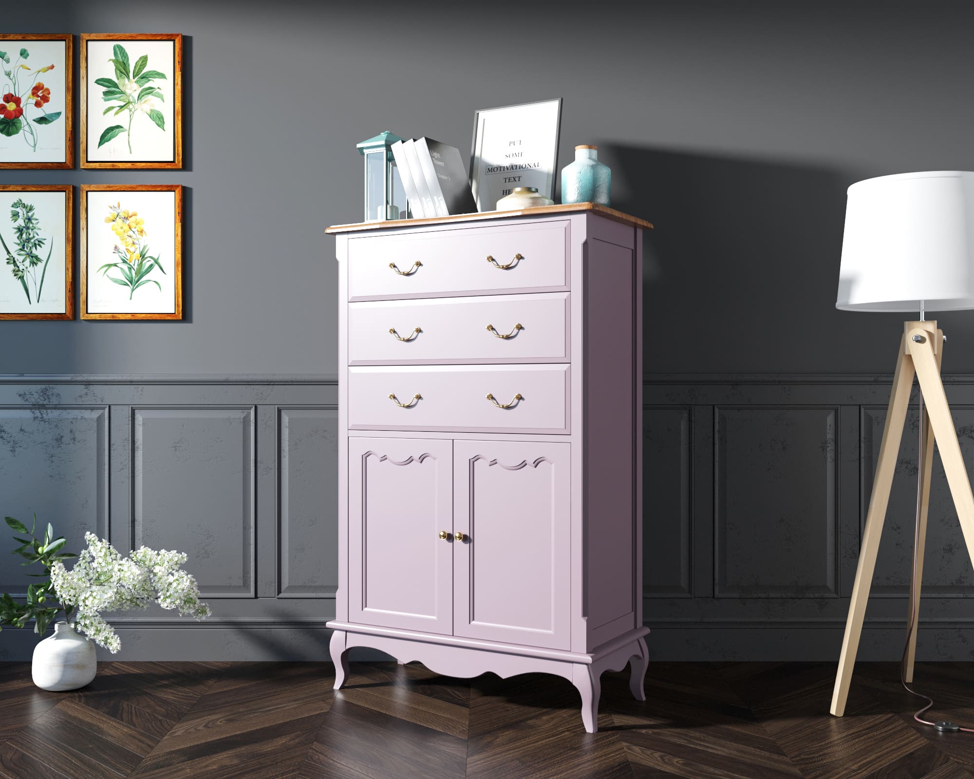 фото Комод Leontina Lavanda три ящика две дверки арт ST9354L