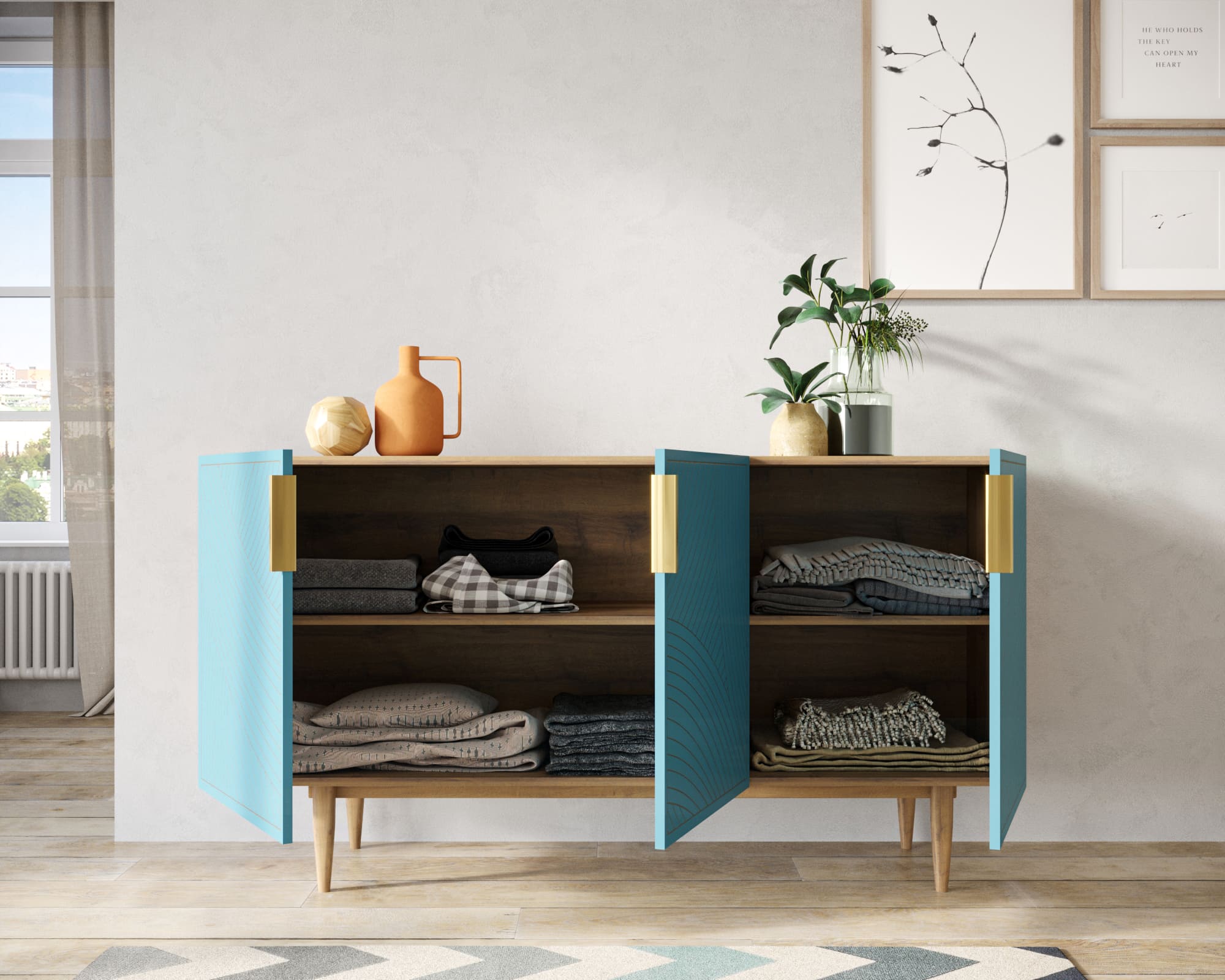 купить Комод с тремя дверками "Line" LN02/GR1/blue в Москве купить Комод с тремя дверками "Line" LN02/GR1/blue