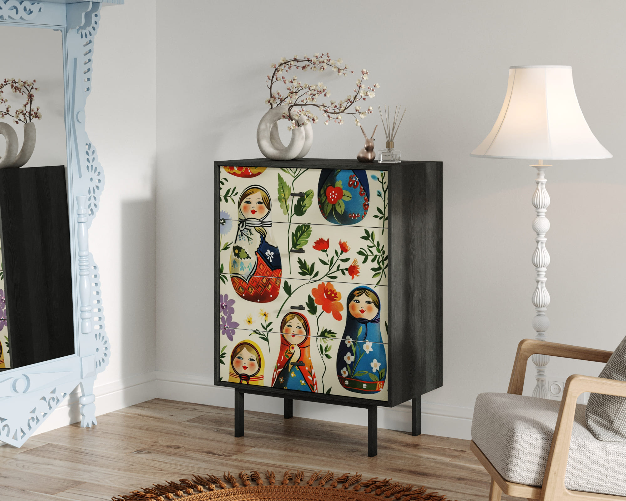 заказать Комод вертикальный с четырьмя ящиками "Emerson" Матрешки арт EM18/Art04 в Москве заказать Комод вертикальный с четырьмя ящиками "Emerson" Матрешки арт EM18/Art04