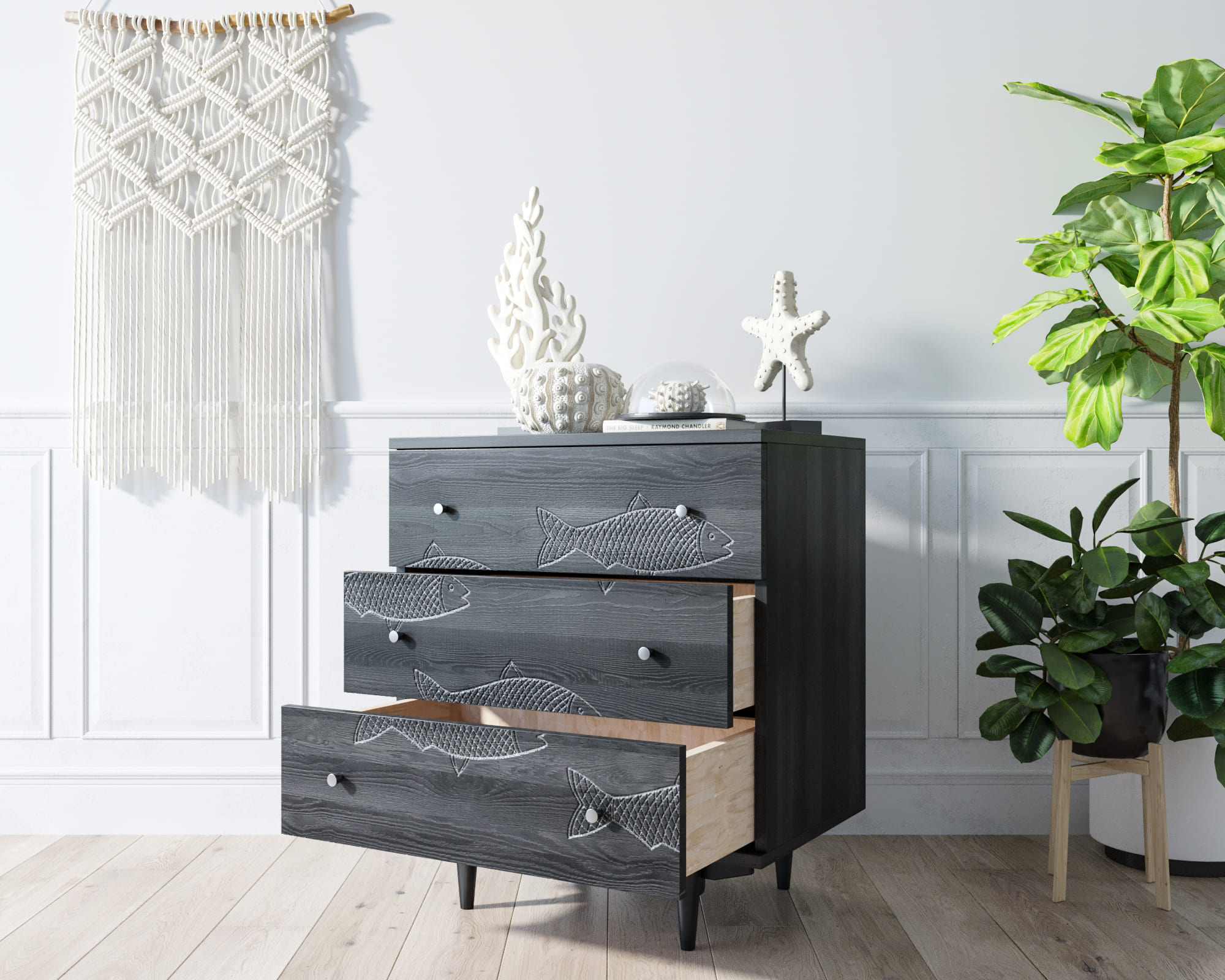 купить Комод "Boho" 3 ящика с рыбами арт BH02