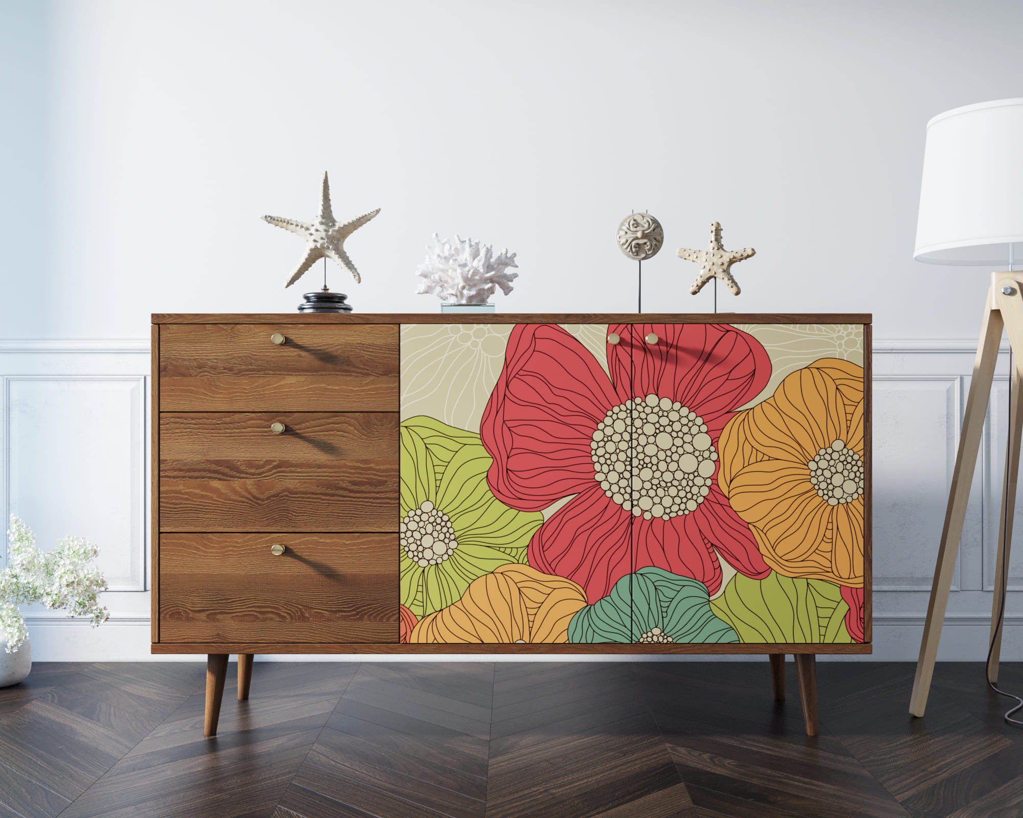 Комод "Berber" с двумя дверками и ящиками 5 принт арт BB05/Print_05 в интерьере