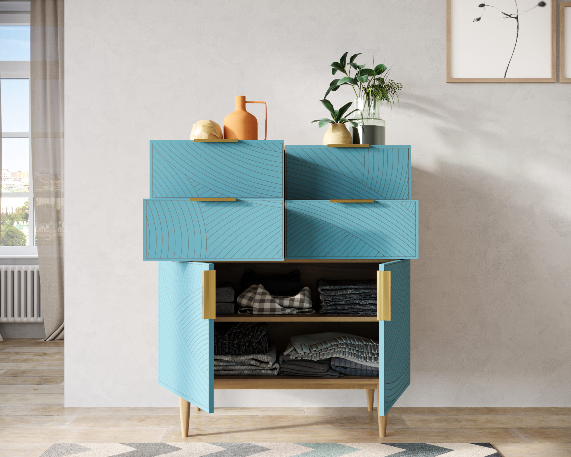 купить Большой комод с четырьмя ящиками и дверками "Line" LN17/GR1/blue в Москве купить Большой комод с четырьмя ящиками и дверками "Line" LN17/GR1/blue