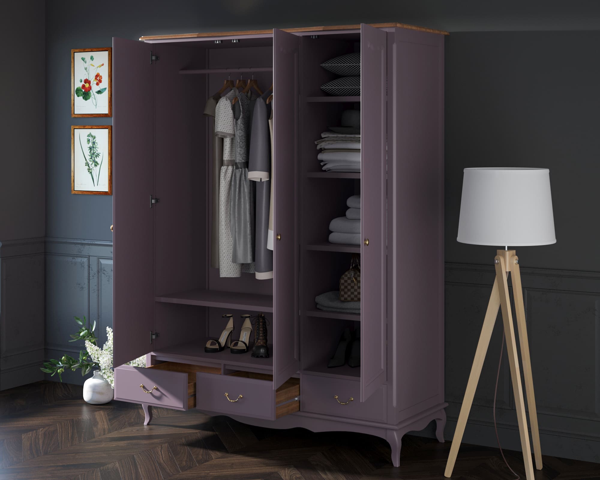 Шкаф Leontina Lavanda для одежды трехстворчатый с ящиками арт ST9327KR/3L в интернет-магазине