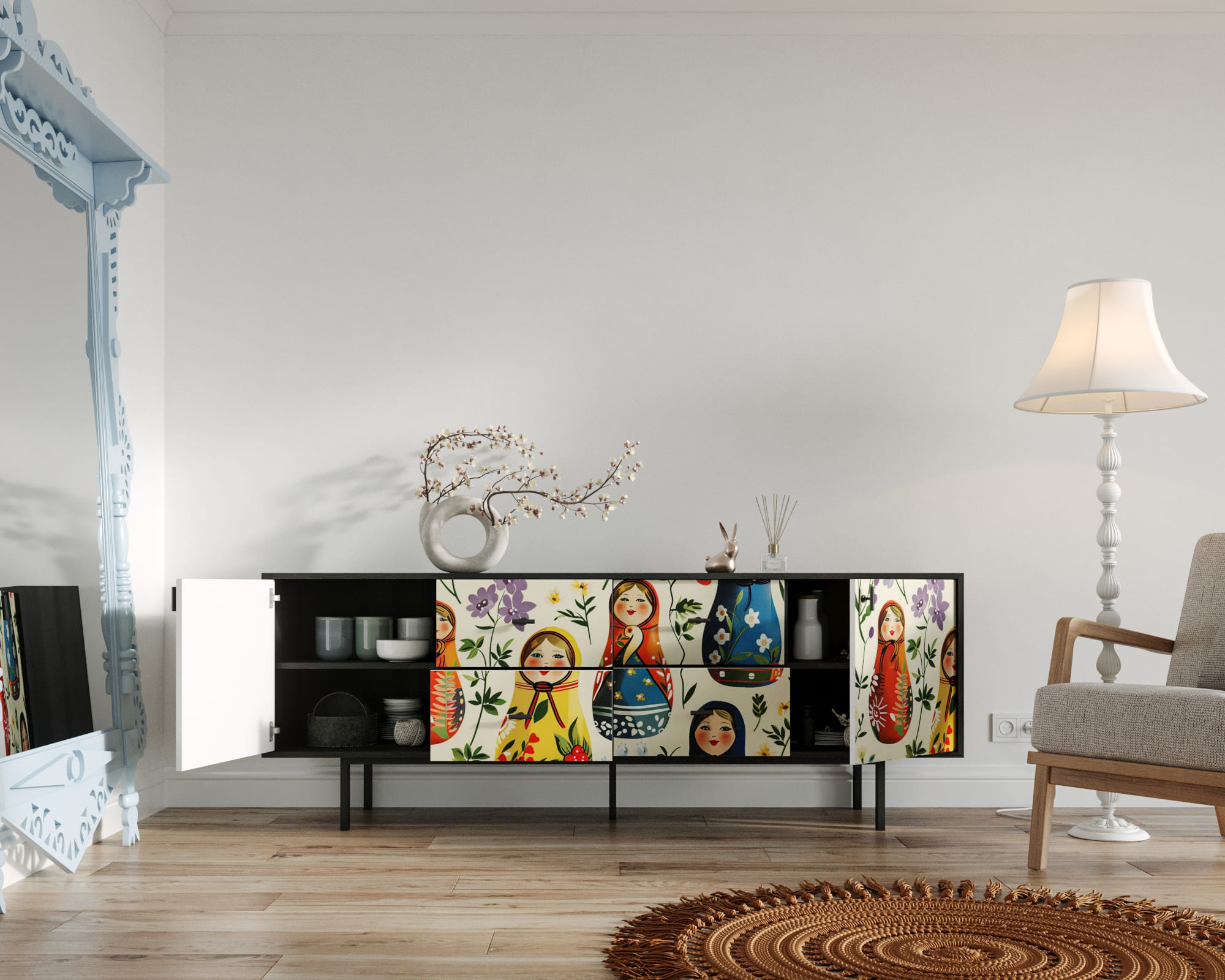 купить Комод две дверки и четыре ящика "Emerson" Матрешки арт EM19/Art04