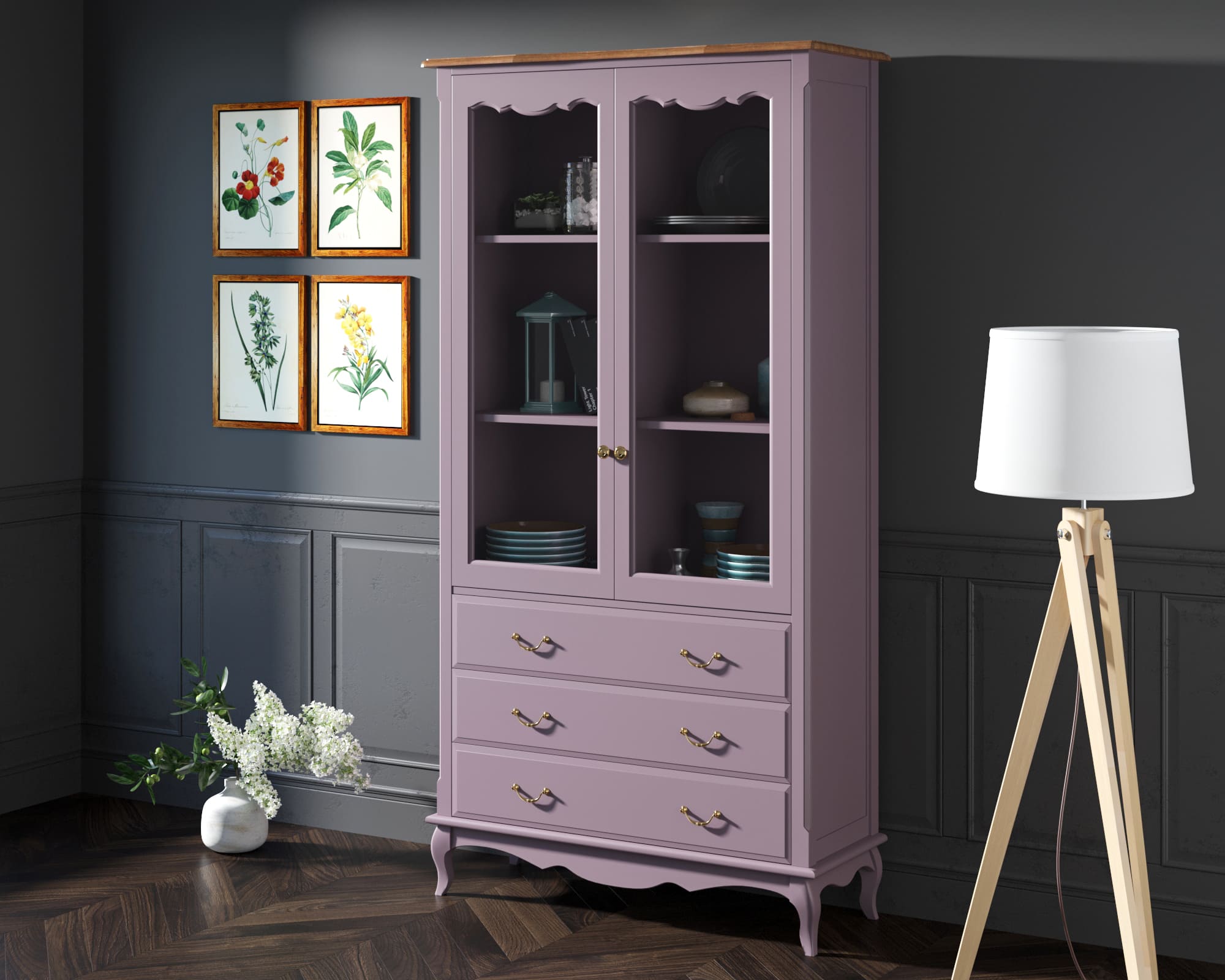 заказать Шкаф "Leontina Lavanda" для посуды высокий 3 ящика арт ST9355/3L