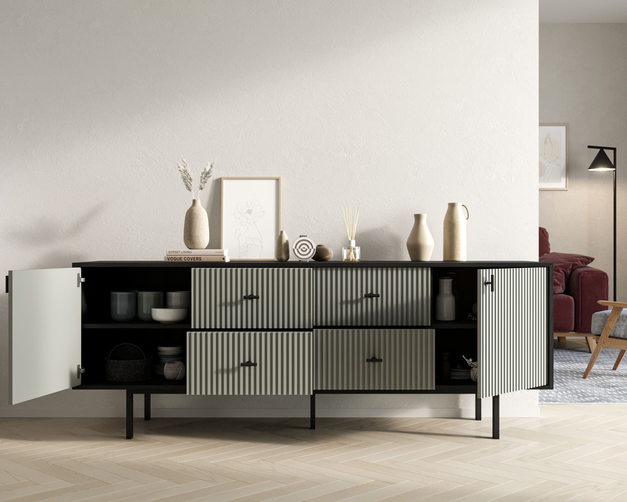 купить Комод две дверки и четыре ящика "Emerson" арт EM19/gray/L в Москве купить Комод две дверки и четыре ящика "Emerson" арт EM19/gray/L