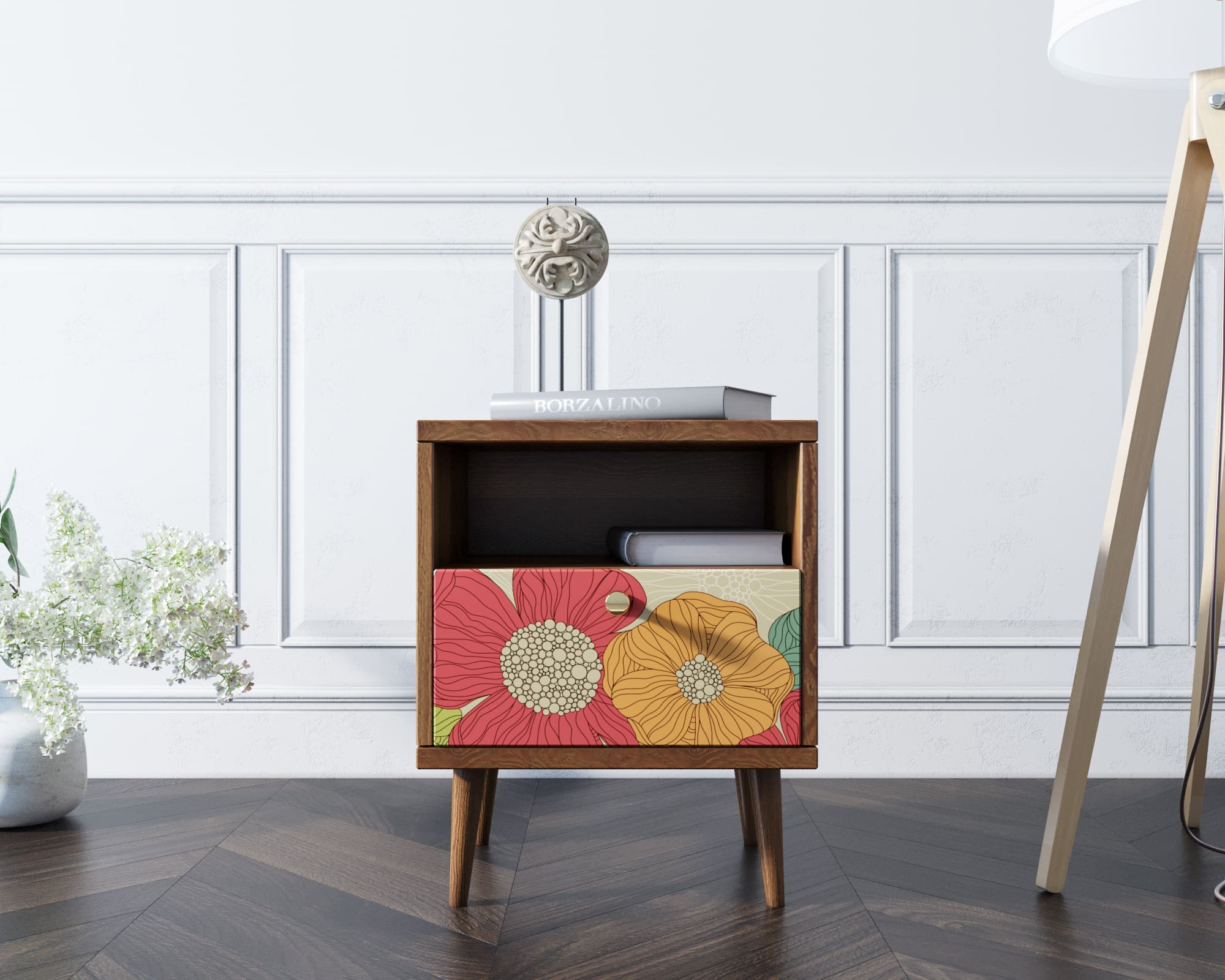 Тумбочка "Berber" с одним ящиком 5 принт арт BB06/Print_05, разноцветная в интерьере