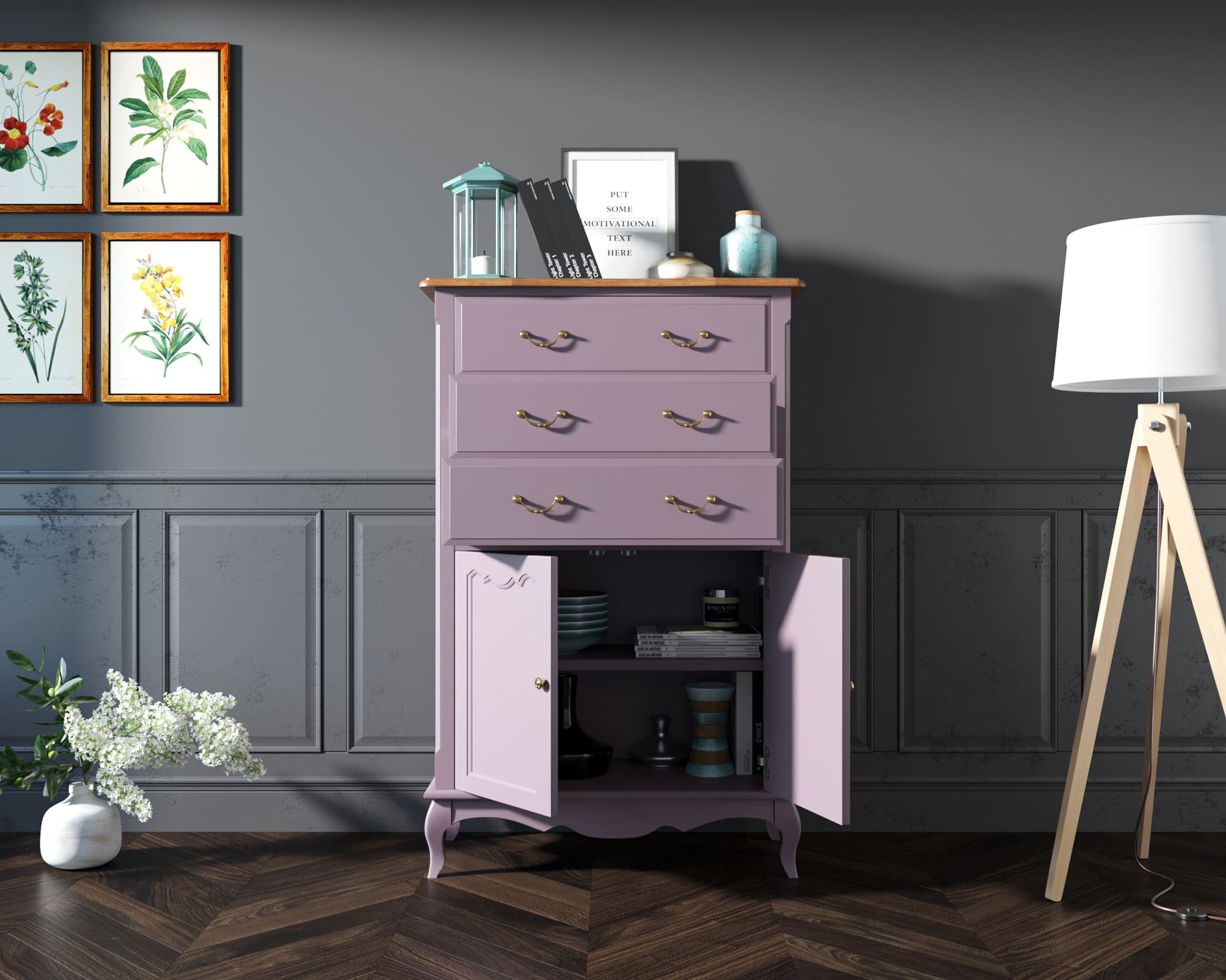 купить Комод Leontina Lavanda три ящика две дверки арт ST9354L