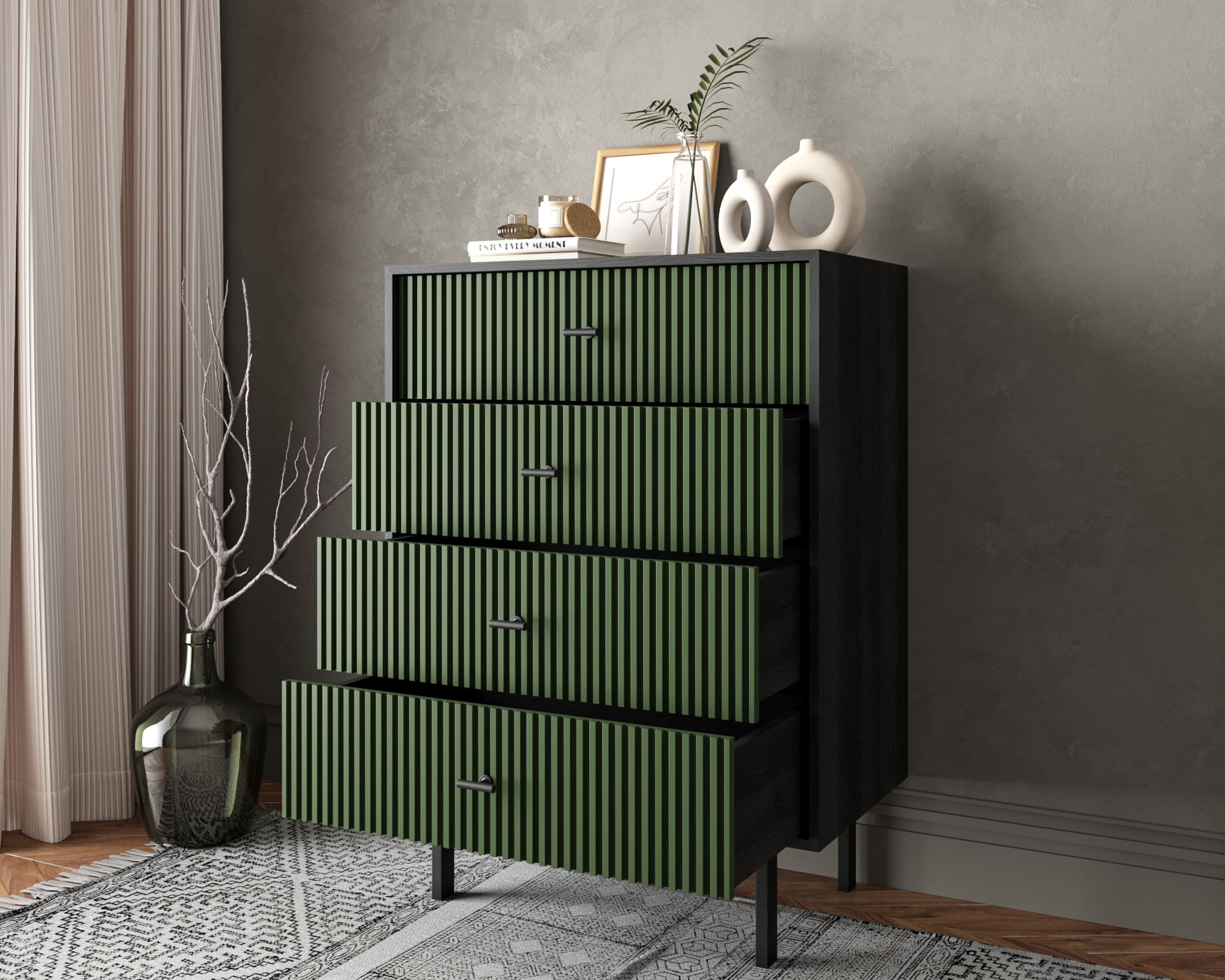 купить Комод вертикальный с четырьмя ящиками "Emerson" арт EM18/green/L