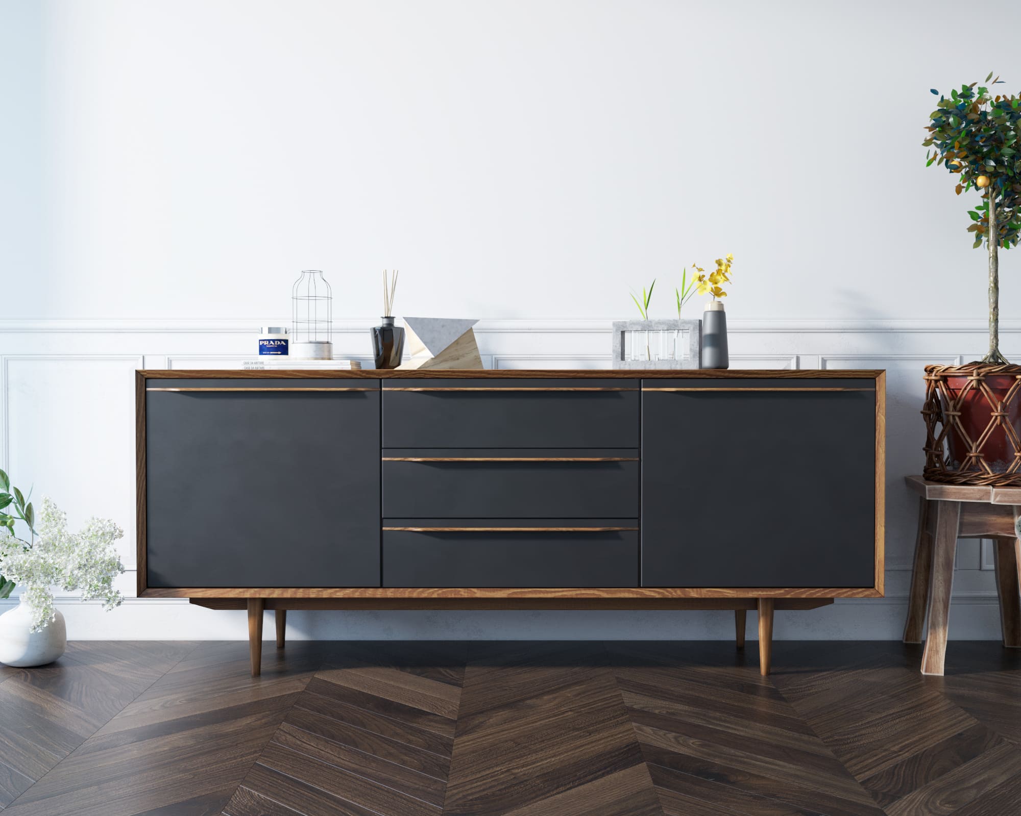 фото Комод "Brun Black" с тремя ящиками и дверками арт BR-03/Black в интерьере в Москве фото Комод "Brun Black" с тремя ящиками и дверками арт BR-03/Black в интерьере