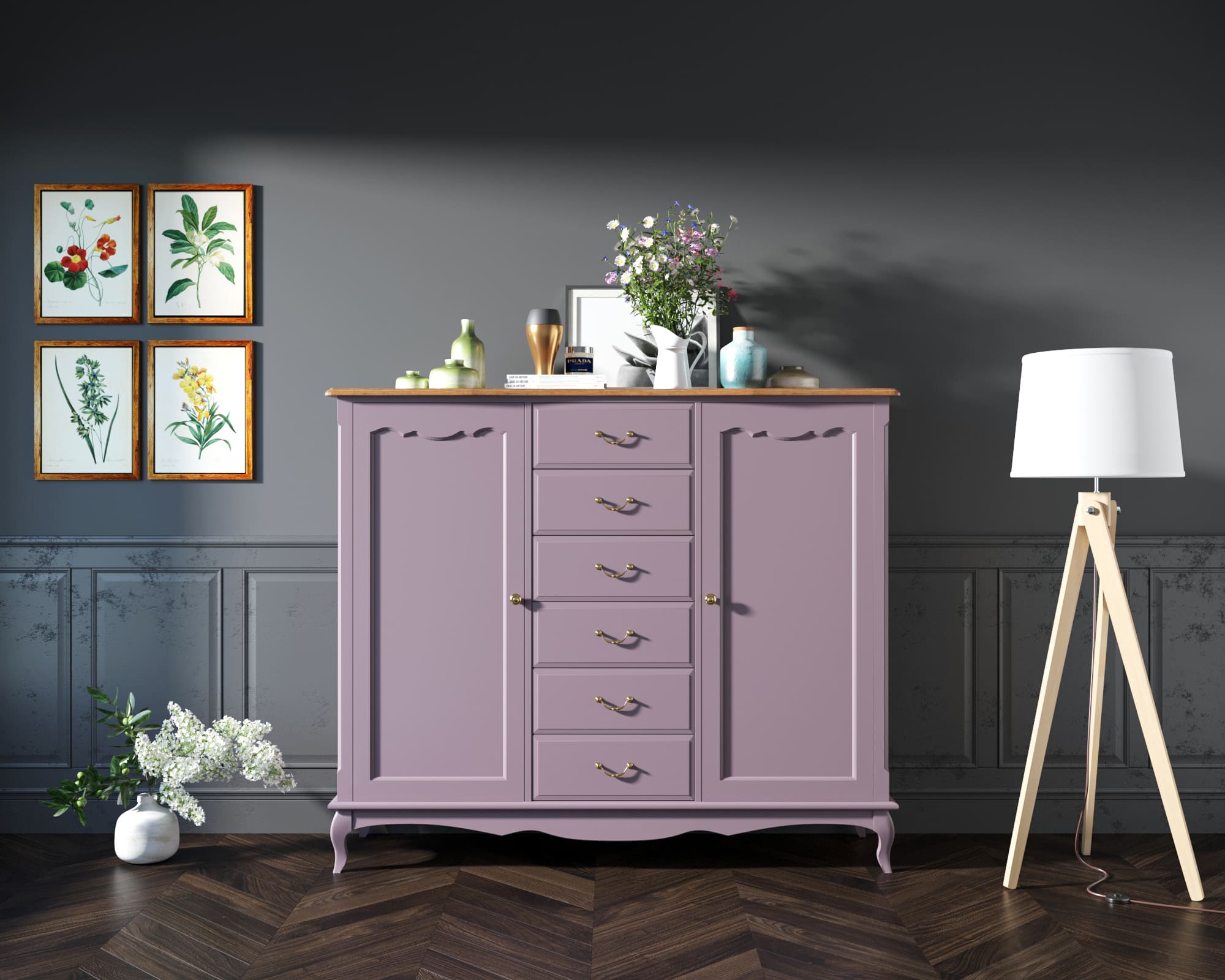 Комод Leontina Lavanda с шестью ящиками и дверками арт ST9350L в интерьере