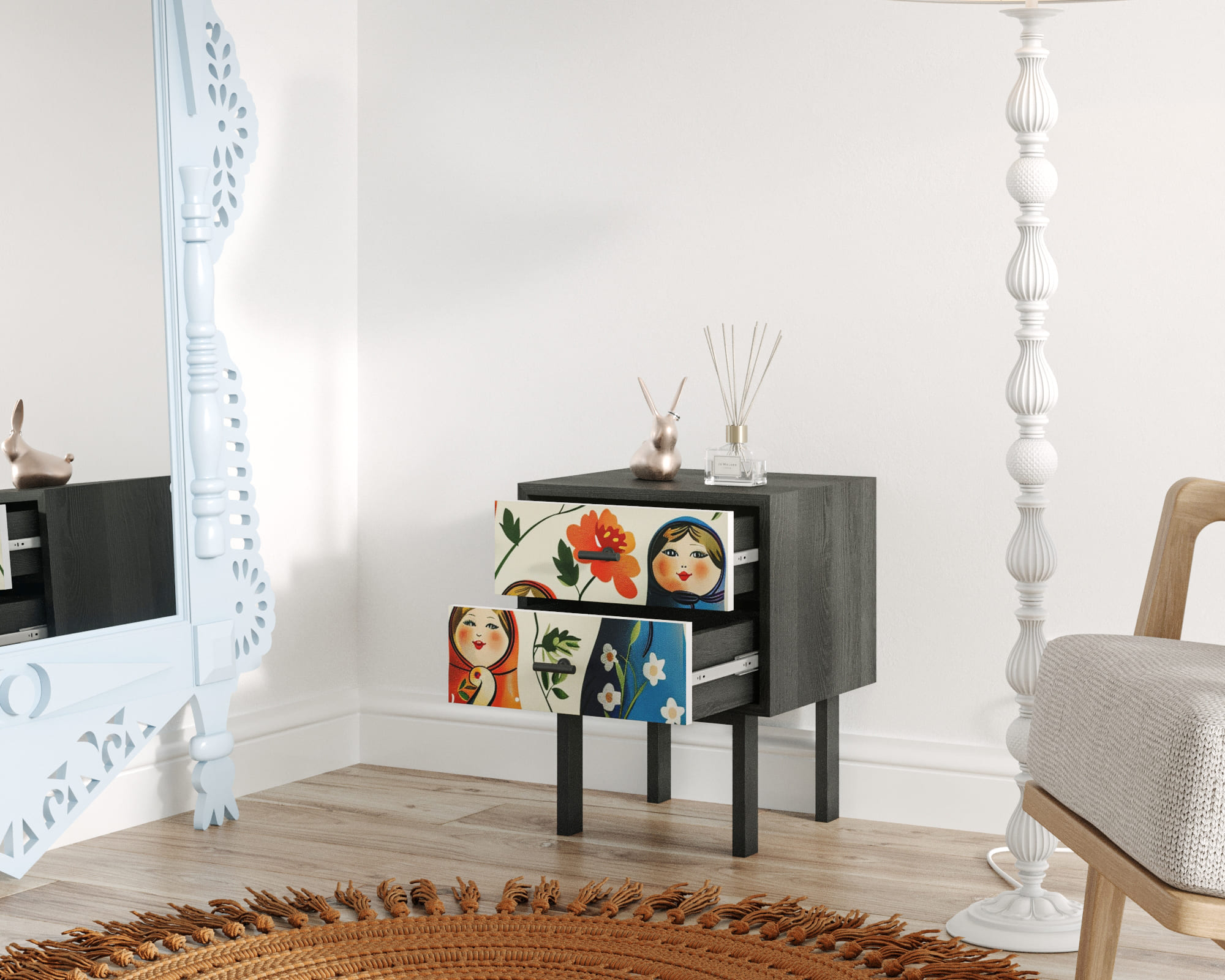 купить Тумбочка с двумя ящиками "Emerson" Матрешки арт EM16/Art04 в Москве купить Тумбочка с двумя ящиками "Emerson" Матрешки арт EM16/Art04