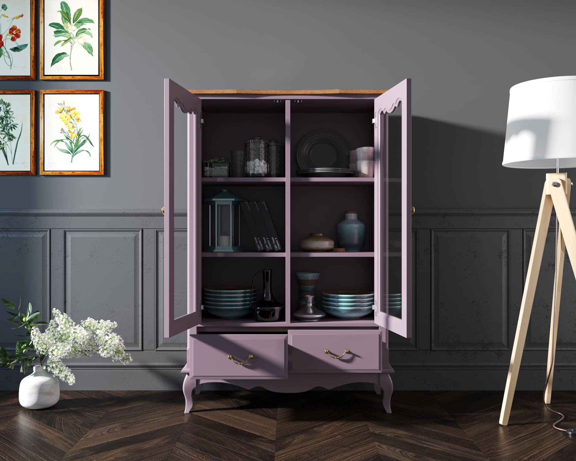 купить Шкаф "Leontina Lavanda" для посуды низкий с ящиками арт ST9355/2L в Москве купить Шкаф "Leontina Lavanda" для посуды низкий с ящиками арт ST9355/2L