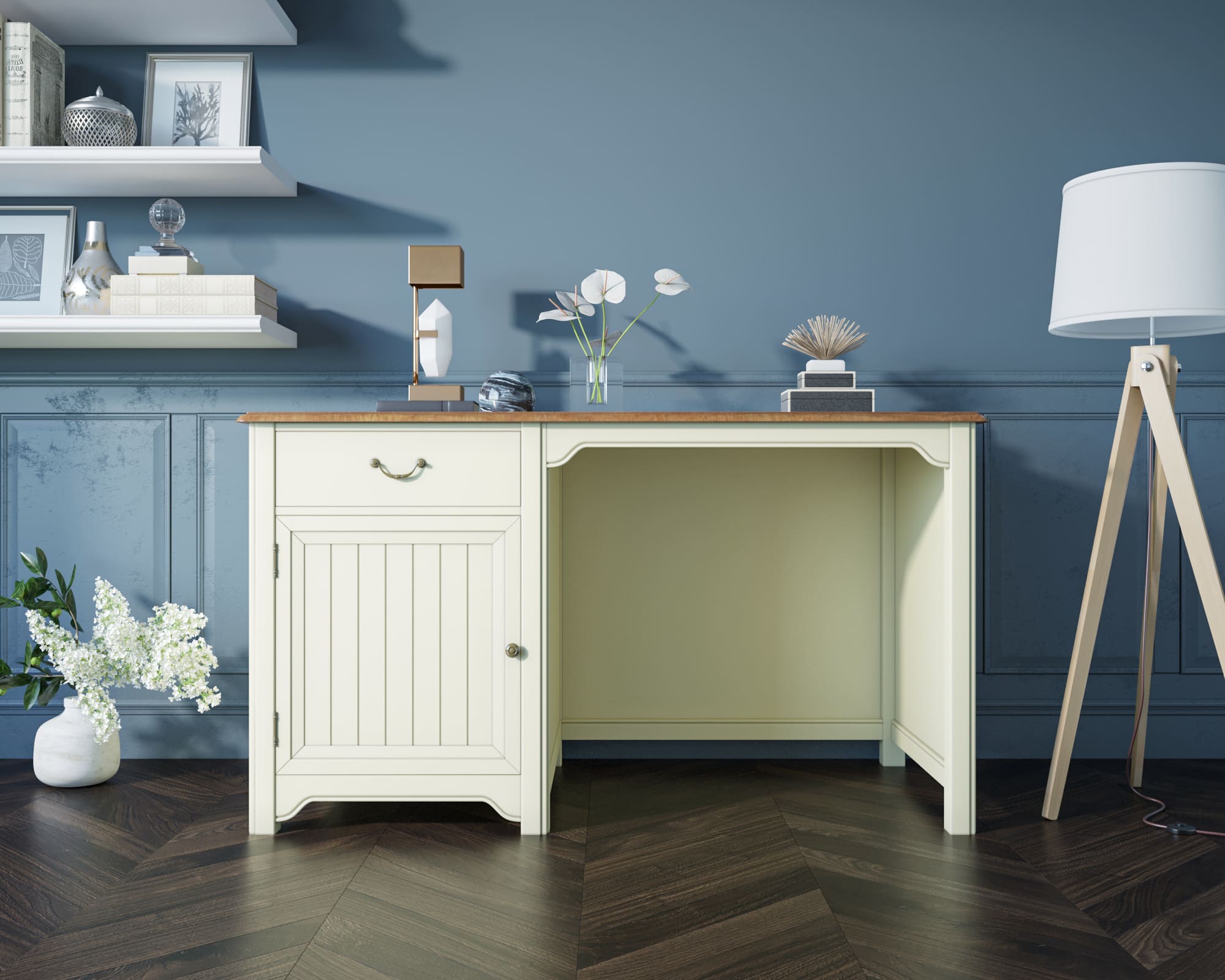 фото Бежевый рабочий стол с дверкой "Olivia" арт GB3001C в интерьере в Москве фото Бежевый рабочий стол с дверкой "Olivia" арт GB3001C в интерьере