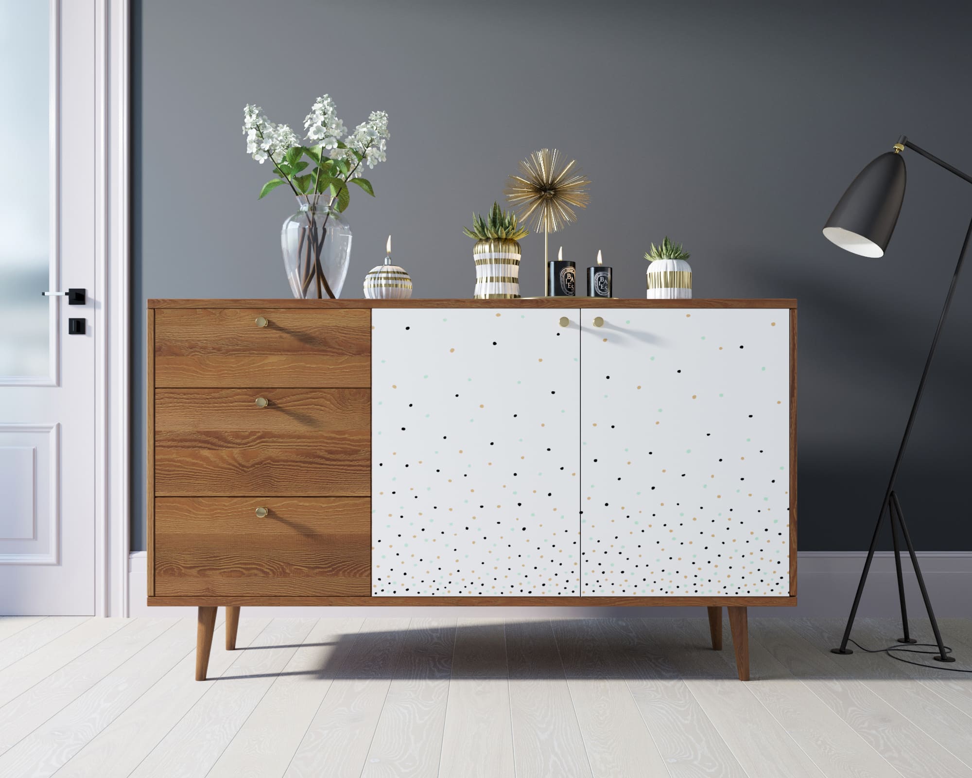 Комод "Berber" с двумя дверками и ящиками 15 принт арт BB05/Print_15 в интерьере