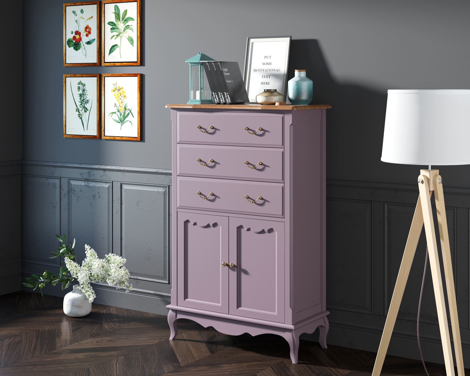 заказать Комод Leontina Lavanda три ящика две дверки арт ST9354L