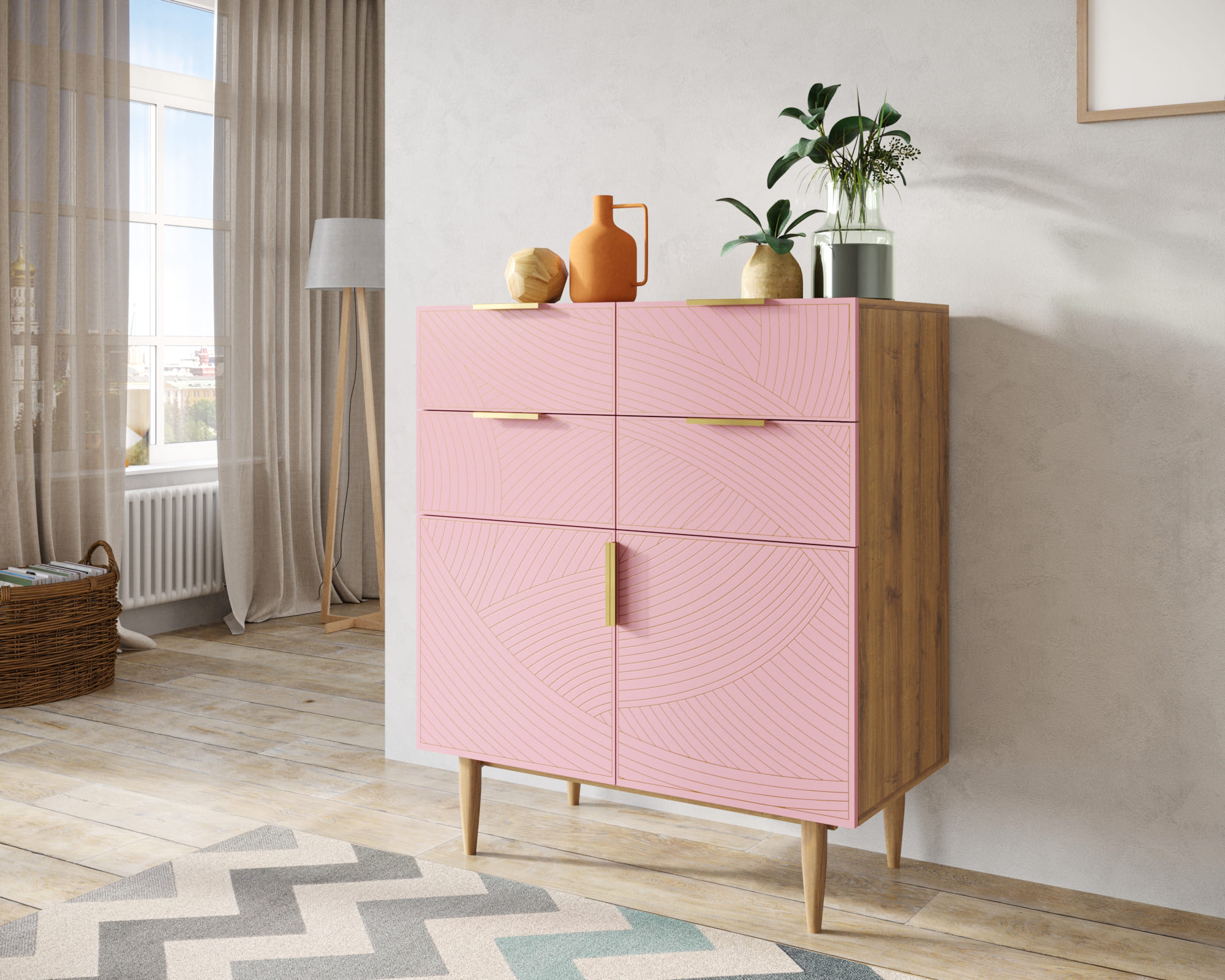 заказать Большой комод с четырьмя ящиками и дверками "Line" LN17/GR1/pink